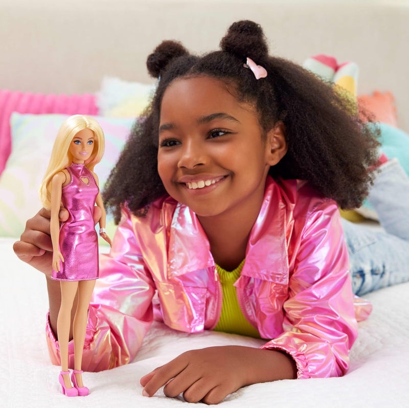 Barbie ​Barbie Fashionistas Doll #230 with Blond Hair, Wearing Metallic Pink Minidress with Heart Cut-Out, White Bracelet and Heels - Image 1
